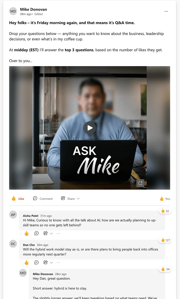 Leadership AMA-style Viva Engage post encouraging questions and discussion during change